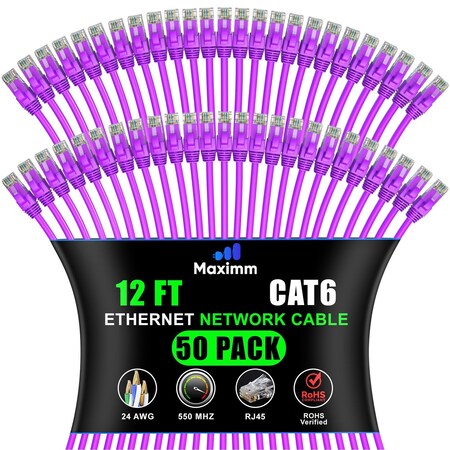 Maximm Cat6 Ethernet Cable 12ft 10Gbps 550MHz UTP, 50PK, Purple, 50PK CAT6CCA-12PU-50PK