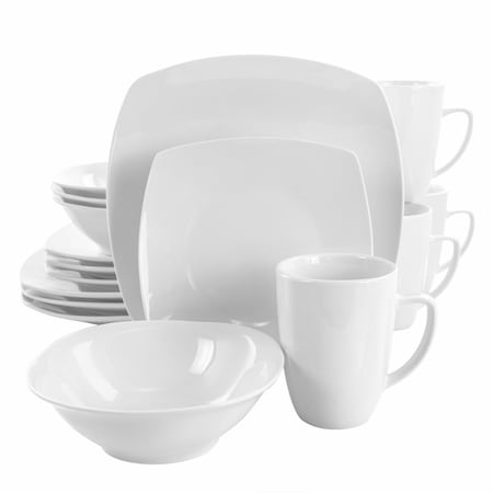 Elama Bishop 16 Piece Soft Square Porcelain Dinnerware Set in White EL-BISHOP16PC