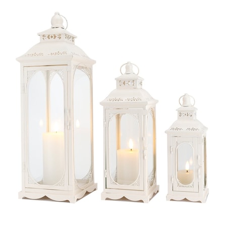 Homeroots Set of Three Clear And White Glass And Metal Floor Lantern Candle Holders, 3PK 719762
