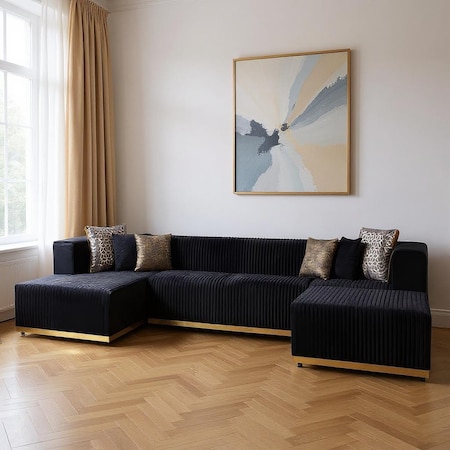 Homeroots Black Velvet Modular U Shaped Four Piece Sofa and Chaise Sectional With Toss Pillows 644108