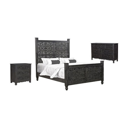 Homeroots Three Piece Black Solid Wood Bedroom Set 636272