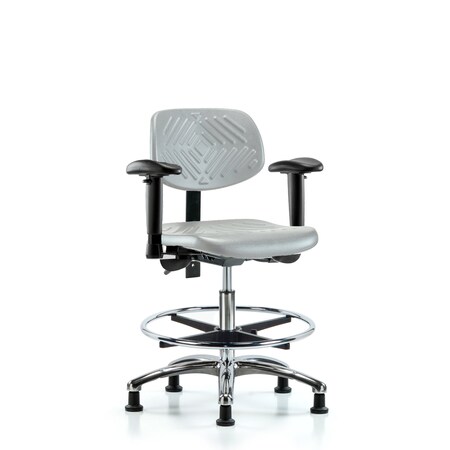 Blue Ridge Ergonomics Poly Chair Chr-Med Bench Ht with Seat Tilt, Adjustable Arms, Chr Foot Ring, &Stat Glides in Gray Poly PMBCH-CR-T1-A1-CF-RG-GRY