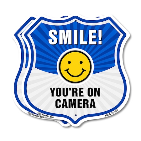 Signmission Smile You're On Camera Shield Sign Smile, 12 inch X 12 inch, Aluminum Metal Sign, 2PK SHI-A-2PACK-12-463