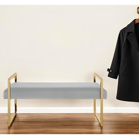 Homeroots 48" Gray and Gold Faux Leather Upholstered Bench 530653