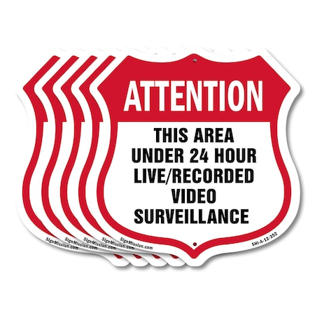 Signmission 24 Hour Surveillance Shield Sign Attenti, 12 inch X 12 inch, Aluminum Metal Sign, 5PK SHI-A-5Pack-12-352