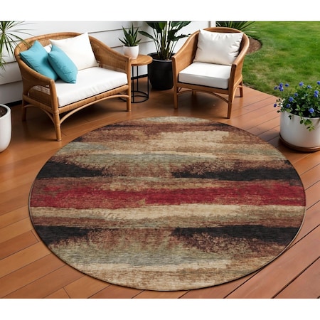 Homeroots 8' Brown Beige And Burgundy Round Abstract Washable Indoor Outdoor Area Rug 612529