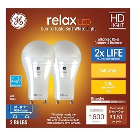 Ge LED Bulb, A19 Lamp, 100 W Equivalent, GU24 Lamp Base, Dimmable, PK2 93129020