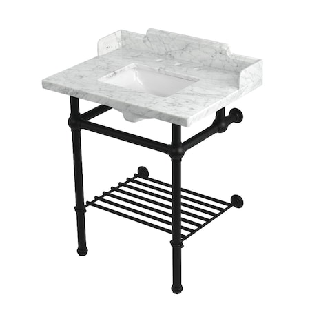 Kingston Brass 30-Inch Carrara Marble Console Sink with Brass Legs and Shelf, 8-Inch, 3-Hole LMS30MBSQB0