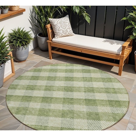 Homeroots 8' Green And Light Green Round Plaid Washable Indoor Outdoor Area Rug 595477