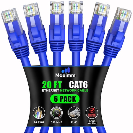 Maximm Cat6 Ethernet Cable 20ft 10Gbps 550MHz UTP, 6PK, Blue, 6PK BL6PK14