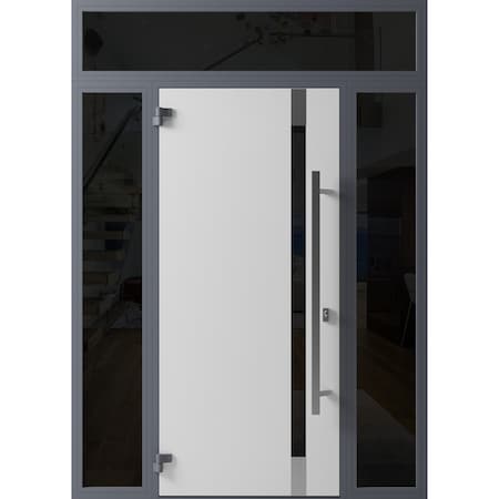 Vdomdoors Front Exterior Prehung Steel Door Ronex1011 Grey 2 Sidelight and Transom Window Sidelite Stainless RONEX1011EXD-GRE-W16+36+16 X H80+16-RH-I