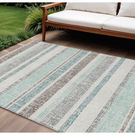 Homeroots 9' X 12' Teal Blue And Gray Striped Washable Indoor Outdoor Area Rug 632249