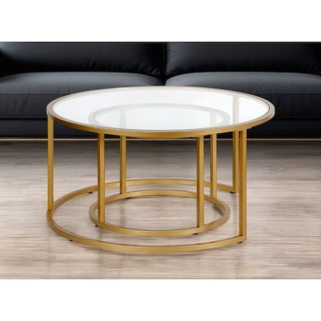 Homeroots Set of Two 35" Gold Glass And Steel Round Nested Coffee Tables 520944