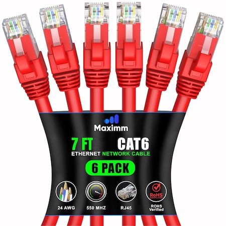 Maximm Cat6 Ethernet Cable 7ft 10Gbps 550MHz UTP, 6PK, Red, 6PK CAT6CCA-7RD-6PK