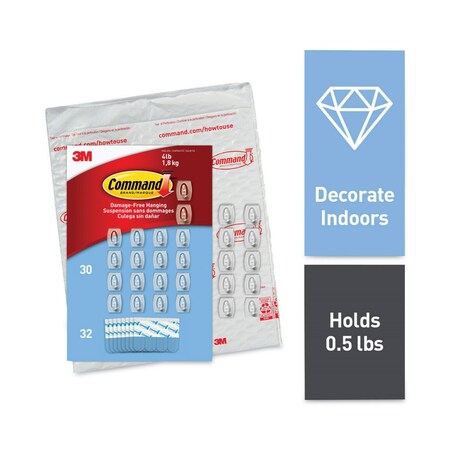 Command Mini Hooks, Small, Plastic, 0.5 lb Capacity, Clear, 30 Hooks and 32 Strips/Pack 17006CLR-30NA