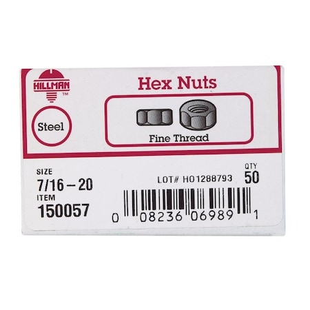 Hillman 7/16 in. Zinc-Plated Steel SAE Hex Nut, 50PK 150057