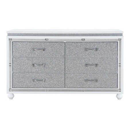 Homeroots 58" White And Silver Faux Crystal Bling Wood Six Drawer Double Dresser 564671
