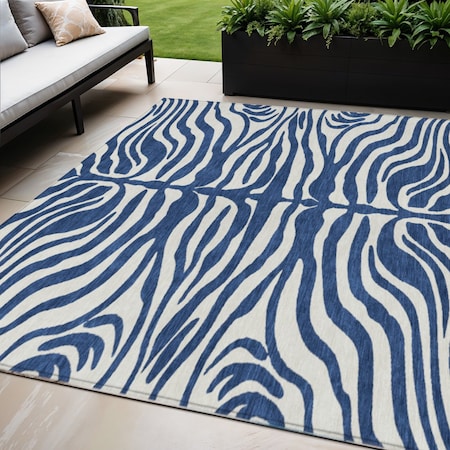 5' X 8' Navy Blue And Ivory Animal Print Washable Indoor Outdoor Area Rug