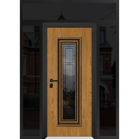 Vdomdoors Steel Door Ballucio 6644 Natural Oak Black 2 Side and Top Exterior Window Sidelite Entry Door Paint BALLUCIO6644EXD-OAKB-W12+36+12xH80+16-RH-I