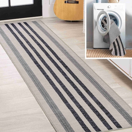 Jonathan Y Vichy Geometric Striped Non-Slip Machine-Washable Ivory/Dark Gray 2 ft. x 8 ft. Runner Rug WSH122B-28