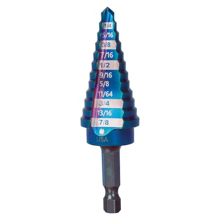 Spyder 12 Step Bit, Mach-Blue Hex Shank, 3/16'', 7/8'' No 4 19022