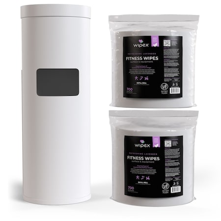 Wipex Plant-Based Lavender Fitness Wipes 700ct Bundle, 2 Refill Rolls + White Floor Dispenser w/ Trash Can WX72264WFD2LARP