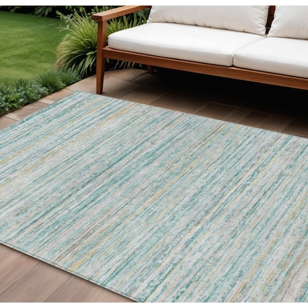 Homeroots 10' X 14' Teal Blue Striped Washable Indoor Outdoor Area Rug 607985