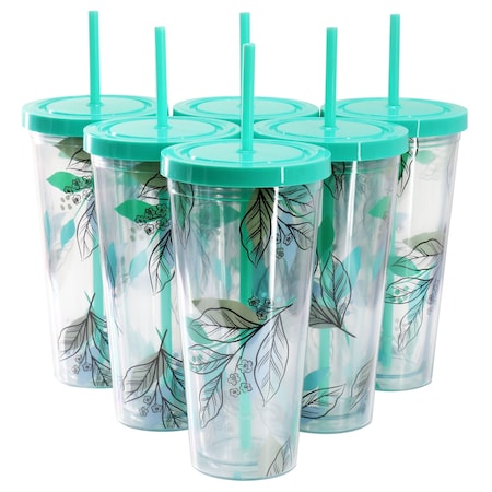 Gibson Home Tropical Sway Vineyard 6Pc 24Oz Double Wall Plastic Tumbler Set with Lid & Straw in Teal 136425.01