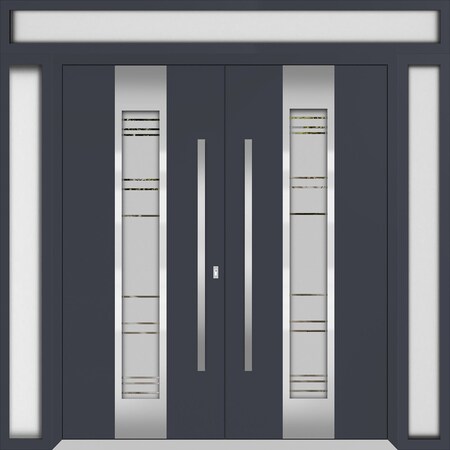 Vdomdoors Metal Double Doors Deux 0757 Gray Graphite Frosted Glass 2 Sidelights and Top Transom Entry Modern DEUX0757DEXD-GRE-W14+72+14xH96+12-RH-O