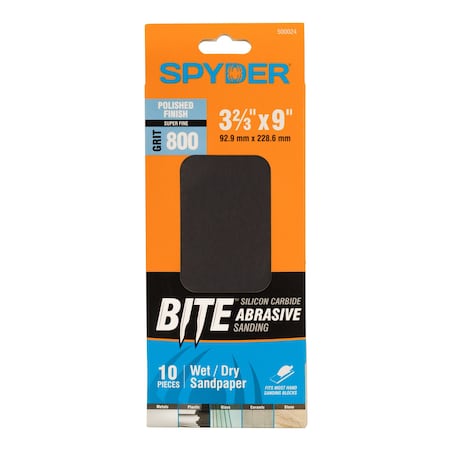 Spyder 3-2/3-Inch x 9-Inch 800 Grit Silicon Carbide Wet/Dry Sandpaper Sheets, 10PK 500024