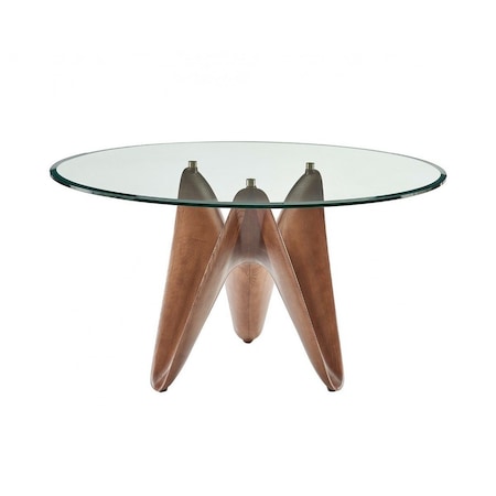 Homeroots 59" Clear And Brown Rounded Glass And Solid Manufactured Wood Pedestal Base Dining Table 487362