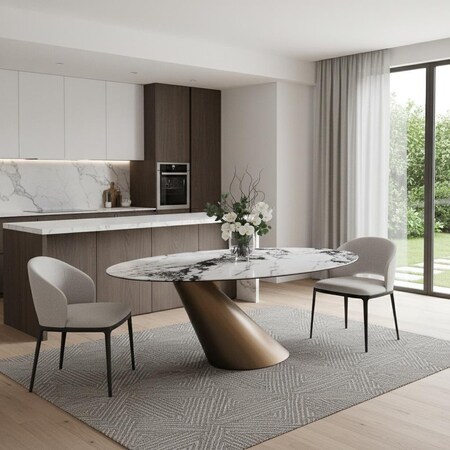 Homeroots 94" Gold Gray White and Bronze Ceramic and Steel Pedestal Base Oval Dining Table 718895