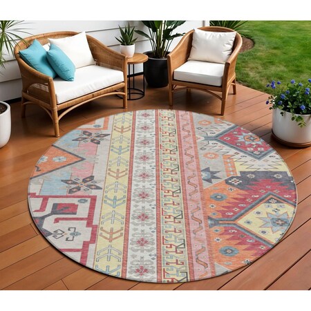 Homeroots 8' Linen Pink And Yellow Round Aztec Washable Indoor Outdoor Area Rug 598474