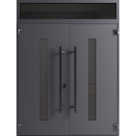Vdomdoors Front Exterior Prehung Aluminum Double Doors Ronex0130 Grey Top Transom Mirrored Clear Glass Entry RONEX0130DEXD-GRE-W72xH96+12-RH-I