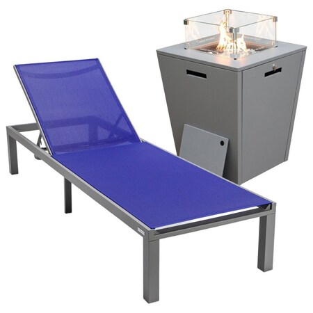 Leisuremod Marlin Grey Aluminum Patio Chaise Lounge Chair with Square Fire Pit Table, Navy Blue MLGRCF21-77NBU
