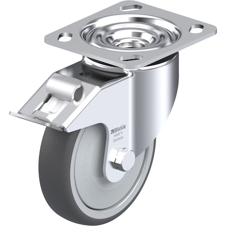 Blickle Swivel Plate Caster, PU, 5", Brake, Caster Wheel/Tread Material: Nylon/Thermoplastic Polyurethane LK-PATH 125KF-14-FI
