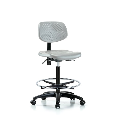 Blue Ridge Ergonomics Poly Chair-High Bench Height with Seat Tilt, Chrome Foot Ring, & Casters in Gray Poly PHBCH-RG-T1-A0-CF-RC-GRY