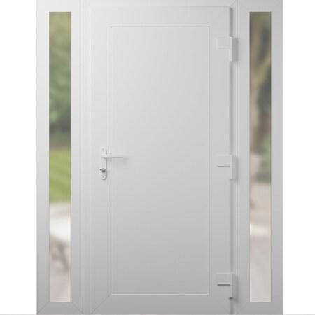 Vdomdoors Front Exterior Prehung Metal-Plastic Door, Manux 8111 White Silk, 2 Side Sidelite Transoms, Office MANUX8111EXD-WS-W14+36+14xH80-LH