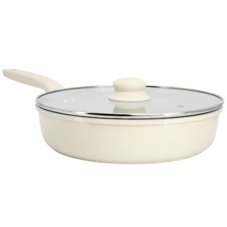 Gibson Home Barnsdall 11 Inch 4 Quart Ceramic Nonstick Alimunium Saute Pan with Lid in Cream 137715.02