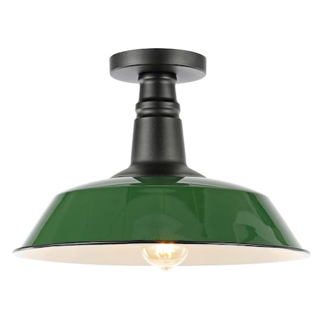 Jonathan Y Camila 14 in. 1-Light Classic Industrial Indoor/Outdoor Iron LED Semi Flush Mount, Green/White JYL7617F