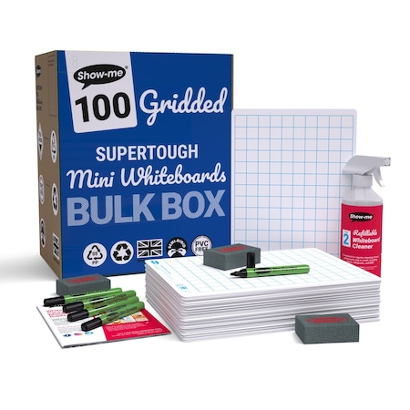 Show-Me Bulk Box of 100 x Gridded/Plain SUPERTOUGH 8" x 12" Lapboards, with Pens, Erasers, Cleaner, 100PK B/SRGX