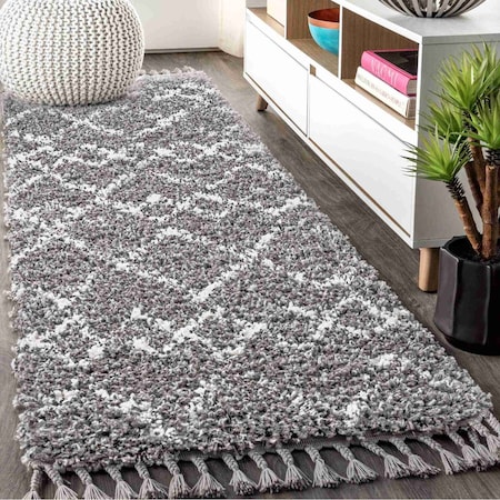 Jonathan Y Mercer Shag Plush Tassel Moroccan Tribal Geometric Trellis Gray/Ivory 2 ft. x 8 ft. Runner Rug MCR102C-28