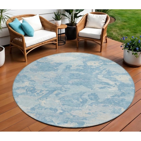 Homeroots 8' Sky Blue And Denim Blue Round Abstract Washable Indoor Outdoor Area Rug 609578
