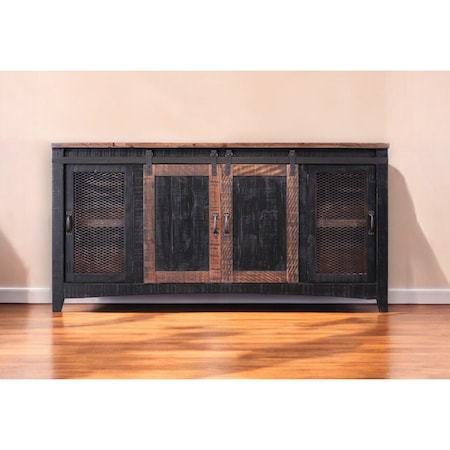 Homeroots 68" Black Solid Wood Cabinet Enclosed Storage Distressed TV Stand 528708