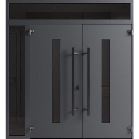 Vdomdoors Front Exterior Prehung Aluminum Double Doors Ronex0130 Grey Top Transom Mirrored Clear Glass Entry RONEX0130DEXD-GRE-W72+16xH96+14-LH-O
