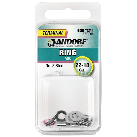 Jandorf High-Temperature Ring Terminal, 22 to 18 AWG Wire, #8 Stud, Copper Contact, Red 60965