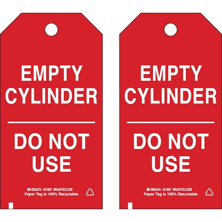 Brady Valve Indicator Tag EMPTY CYLINDER DO NOT USE Paper 5.75x3 White on Red 100/PK, 100PK 17923