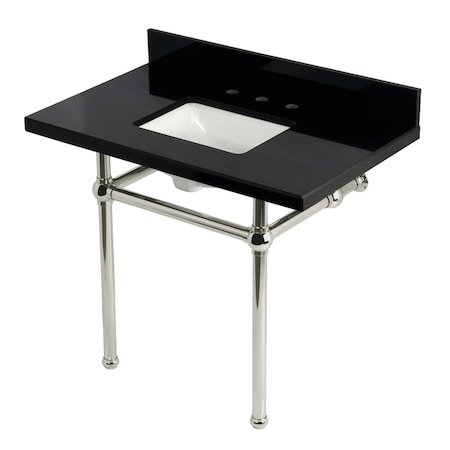 Kingston Brass 36" Black Granite Console Sink with Brass Legs, 8-Inch, 3-Hole, Black Granite/Polished Nickel KVPK3630KBSQ6