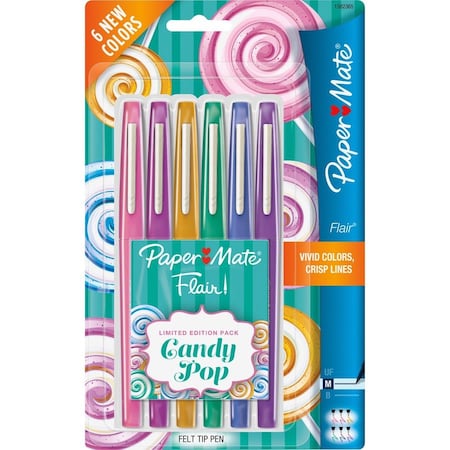 Paper Mate Flair Felt Tip Pens, Medium Point 0.7mm, Candy Pop Pack, 6 Assorted Colors, 18PK 1982365