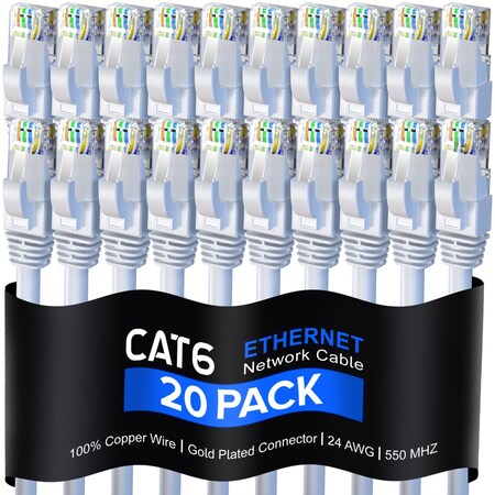 Maximm Cat6 Ethernet Cable 25ft 10Gbps 550MHz UTP, 20PK, White, 20PK CAT625FT20PKWhite